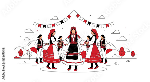 Celebration Of A Traditional Folk Dance Featuring A Group Of Women Outdoors