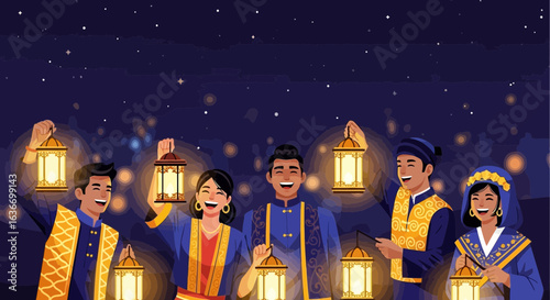 Celebrating Cultural Heritage People Holding Lanterns Under Starry Night Sky