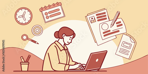 Woman working on laptop with planning tools for business success, professional graphic resource, originally a vector