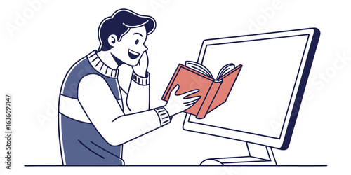 Delighted student gleaning knowledge from books and virtual learning on monitor, modern study