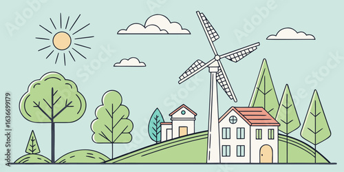 Sustainable living with wind turbine powering homes in sunny countryside illustration concept