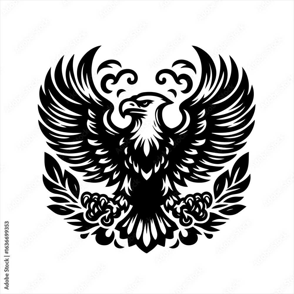 Obraz premium Stylized black eagle emblem with open wings and laurel branches