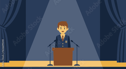 Character Giving Presentation at Podium on Stage with Curtains Backdrop