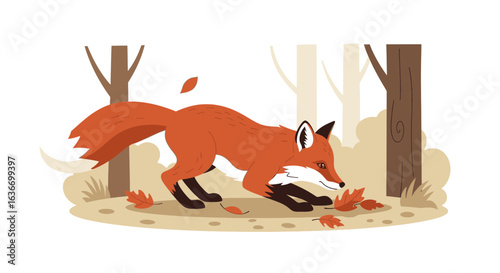 Charming Fox Among Autumnal Leaves Illustration For Children's Storybooks