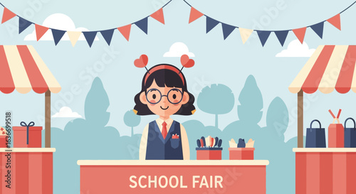 Charming School Fair With Student Vendor And Colorful Booths Decoration