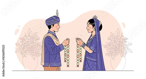Charming Indian Wedding Illustration With Traditional Garlands And Floral Accents