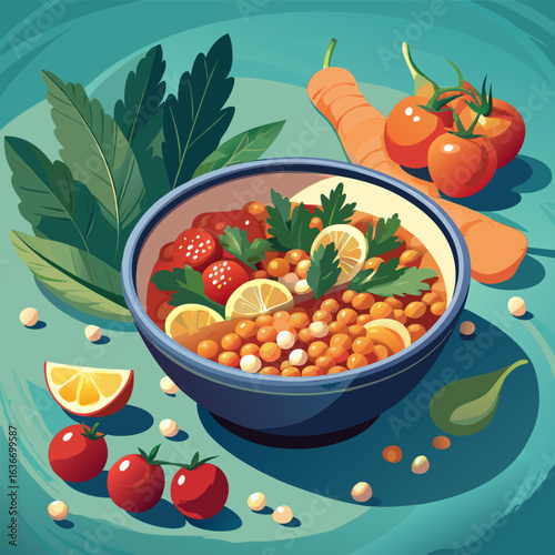 Colorful bowl of lentil soup with vegetables. displayed on a teal surface. Fresh herbs. tomatoes. and lemon slices add vibrant colors to the wholesome meal.