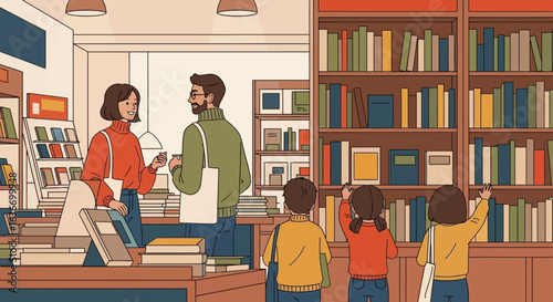 Cheerful Family Browsing the Stacks in a Cozy Bookstore for a Literary Adventure
