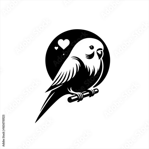 Cute budgie with heart isolated on white