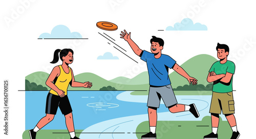 Cheerful friends playing frisbee in a park by the lake, enjoying outdoor activities and bonding through a recreational game together
