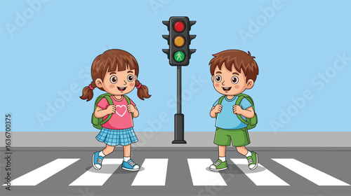 Children crossing street, traffic light safety, pedestrian zone, school kids walking, urban crosswalk, road signals, safe walking, educational illustration
