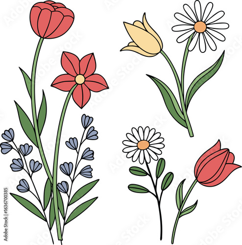 Red yellow white blue flowers stems leaves vector EPS file