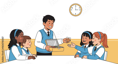 Cheerful Student Distributing Treats During Class Lunch Break At School