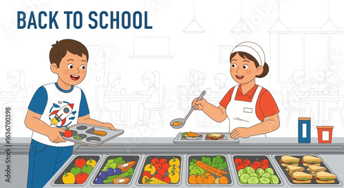 Cheerful Student Getting Lunch Served by Friendly School Canteen Staff Member