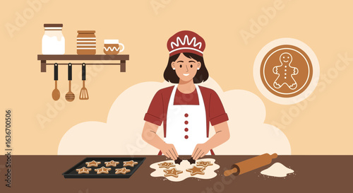 Cheerful Woman Baking Festive Star Cookies In Kitchen At Holiday Season
