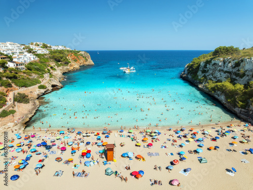 Canvastavla Aerial view of colorful umbrellas on crowded sandy beach, boats, hotel, rocks, swimmers in blue sea, green trees on sunny summer day