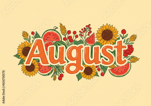 Illustration of august surrounded by sunflowers watermelons and red berries on yellow
