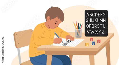 Child Engaged In Handwriting Practice At Desk Learning And Skill Development