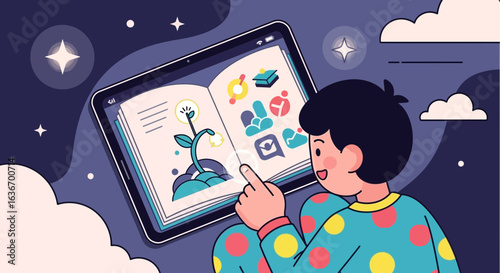 Child Exploring Digital Education App On Tablet Under Starry Sky At Home