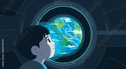 Child Gaze At Earth Through Spacecraft Window Exploration And Imagination
