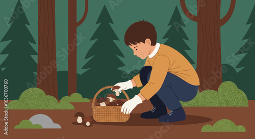 Child Gathering Forest Mushrooms in Wicker Basket for Autumn Season Delights