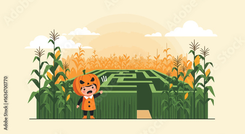 Child In Pumpkin Costume Exploring A Corn Maze On Halloween Adventure