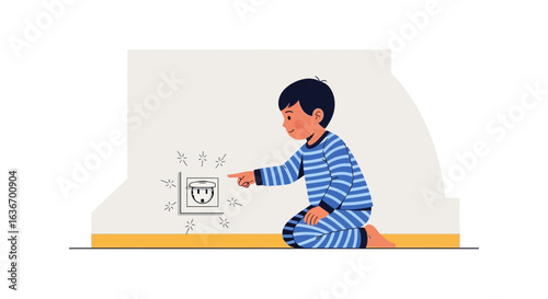 Child Safety Awareness Boy In Pajamas Touches An Electrical Outlet Education