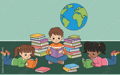 Children reading books, educational illustration, kids learning, diverse group, globe background, colorful books, studying together, classroom setting, school, knowledge,