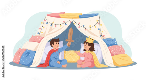 Childhood Adventures In A Cozy Home Made Tent With Boy And Girl Characters