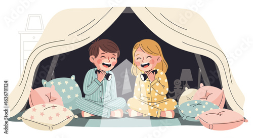 Children Enjoying a Cozy Indoor Camping Adventure with Flashlights and Pillows