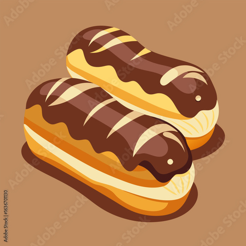 Chocolate covered pastries displayed on a neutral background. Two eclairs. layered with creamy filling and drizzled with dark chocolate. sit atop each other in a tempting arrangement.
