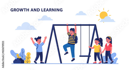 Children Enjoying a Sunny Day at Playground with Growth And Learning Banner