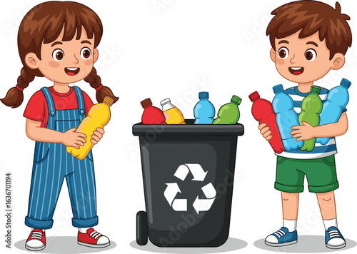 Children recycling plastic bottles, eco-friendly habits, sustainability education, waste management, green living, environmental awareness, conservation, kids learning, recycling bin, outdoors