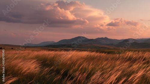 Wind-swept grassland under warm peach and beige evening sky.
