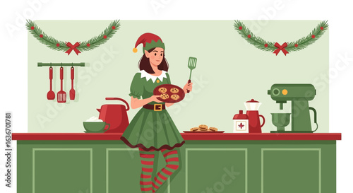 Christmas Elf Baking Cookies in a Festive Kitchen Scene full of joy and cheer