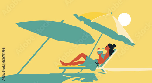 Coastal Relaxation Woman Enjoying a Cocktail on Beach Deckchair