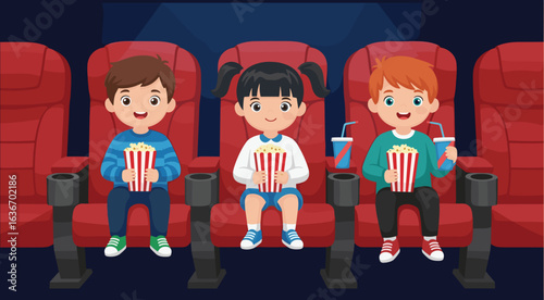 Children watching movie, eating popcorn, drinking soda, sitting in red cinema seats, fun time, entertainment, happy kids, indoor activity, leisure