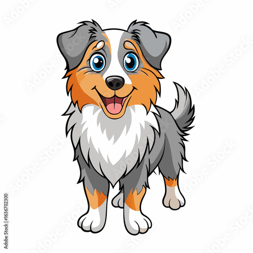Cartoon Australian Shepherd standing with a joyful expression. Cute canine character with vibrant colors and detailed fur in a simple. friendly pose against a plain white backdrop.