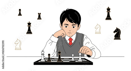 Concentrated Youngster Engaged In A Game Of Chess With Chess Piece Illustrations