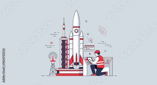 Conceptual illustration of a launch site with a rocket and launch control engineer