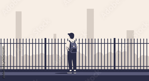 Conceptual illustration of a student contemplating future choices at a fence line of school