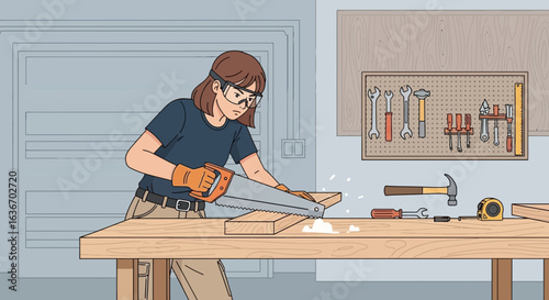 Confident Woman Carpenter Cutting Wooden Plank In Workshop Garage Illustration