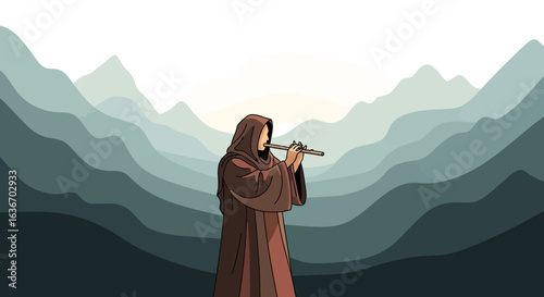 Contemplative Monk Playing Flute in Mountainous Landscape Minimalistic Design