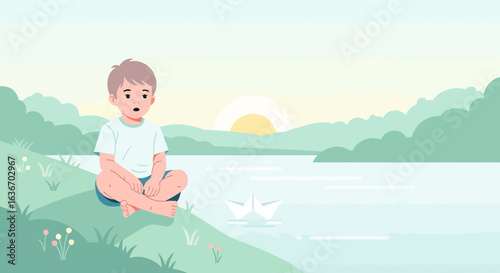 Contemplative Young Boy Sitting by the Lakeside at Sunset Serene Scene