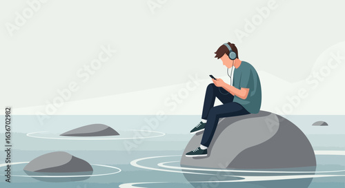 Contemplative Young Man With Headphones Relaxing By Serene Lake Scene