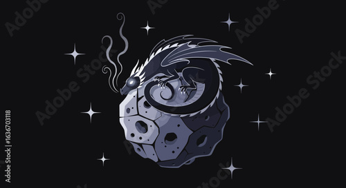 Cosmic Guardian Dragon Resting on an Asteroid In the Depth of Space