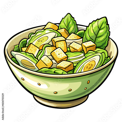 Caesar Salad in a bowl with vibrant colors and detailed illustration. Fresh salad with croutons and boiled eggs served in a light green bowl.