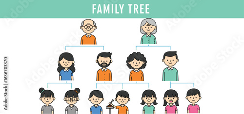 Colorful family tree, generational chart, lineage diagram, heritage graphic, family relationships, genealogy, ancestry, structure, members, educational illustration