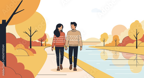 Couple Enjoys an Autumnal Stroll Holding Hands Alongside a Tranquil River