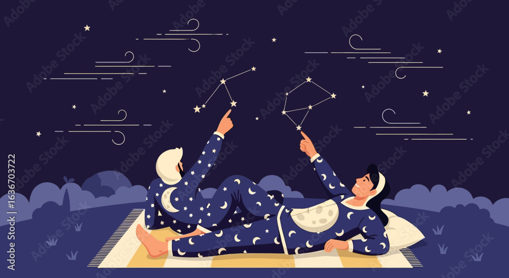 Naklejka premium Couple Lying Down In Pajamas Looking At Star Constellations In A Magical Night
